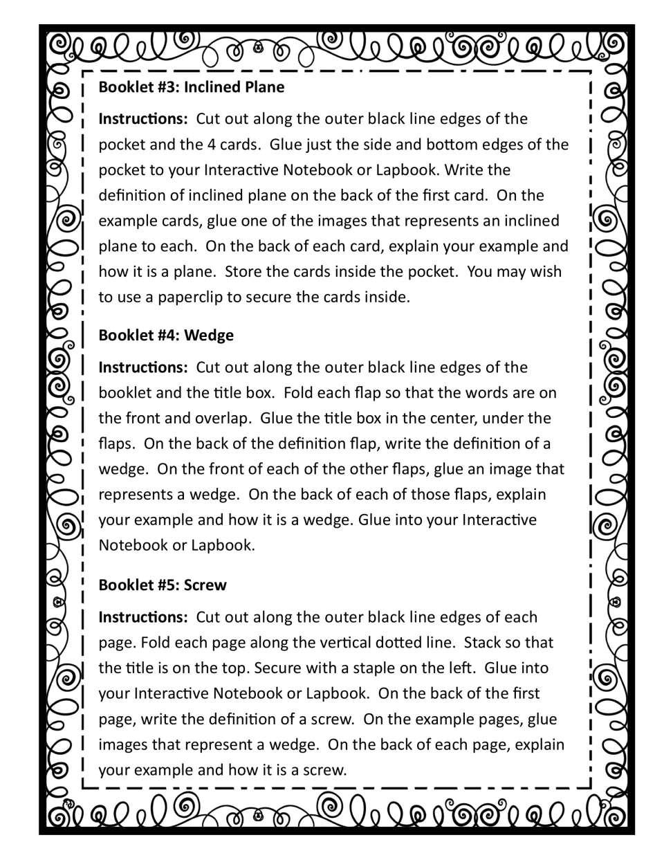 Assembly instructions for inclined plane, wedge, and screw booklets, including definitions and examples