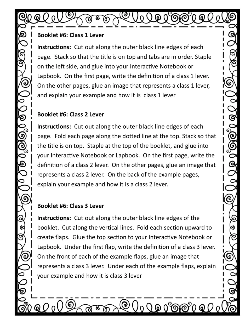 Assembly instructions for class 1, class 2, and class 3 lever booklets, with definitions and image examples