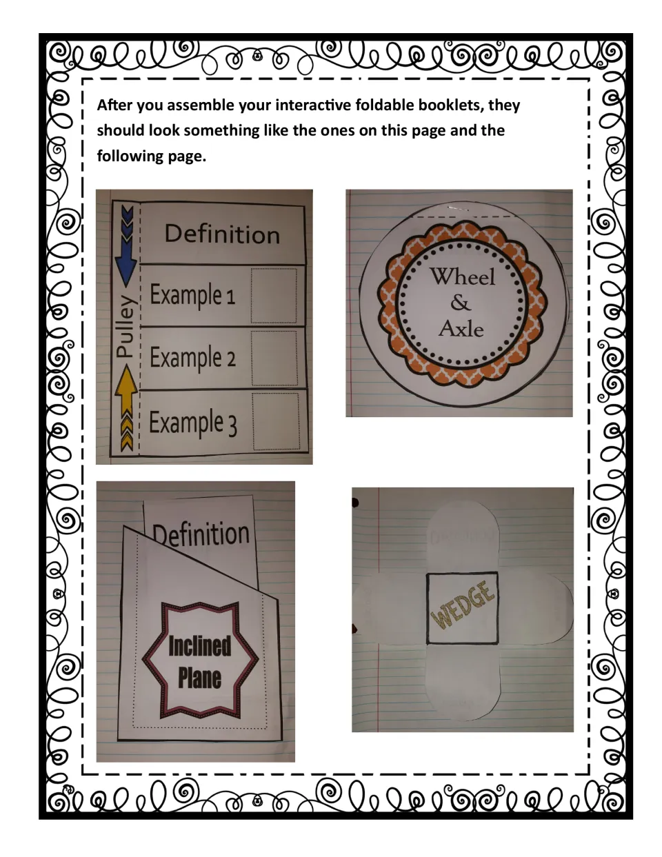 Assembled booklet examples show the pulley flaps, wheel and axle pages, inclined plane pocket, and wedge