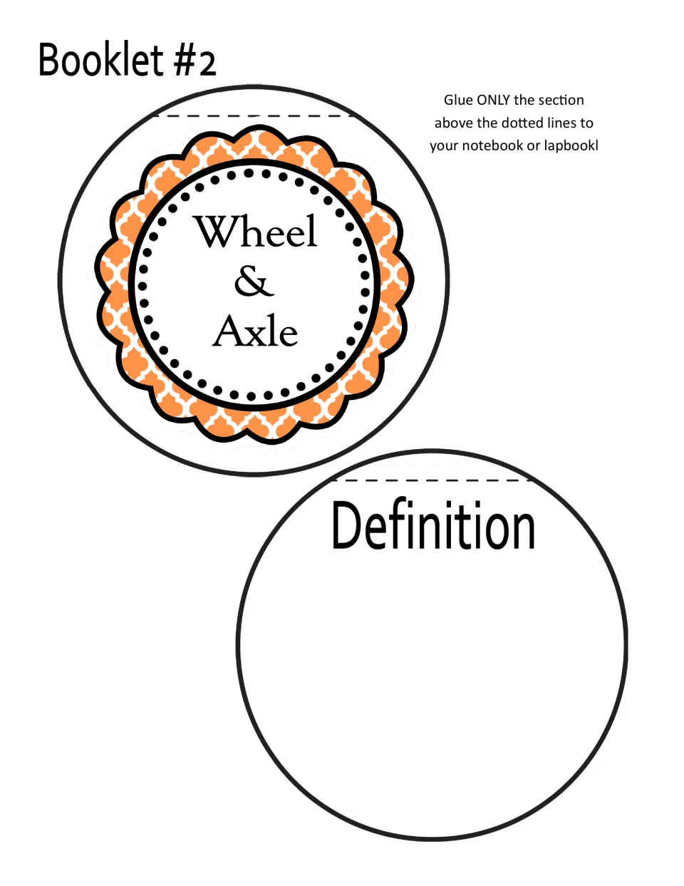 Wheel and axle booklet title and Definition pieces, with directions for attaching to a notebook or lapbook