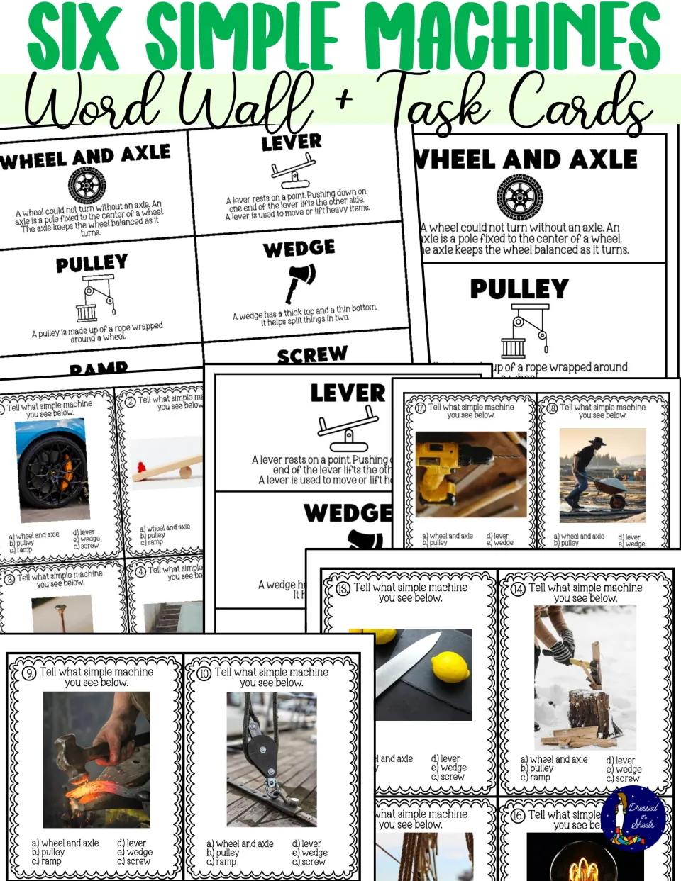 Cover: word wall cards defining wheel and axle, lever, pulley and wedge beside task cards asking which machine is shown
