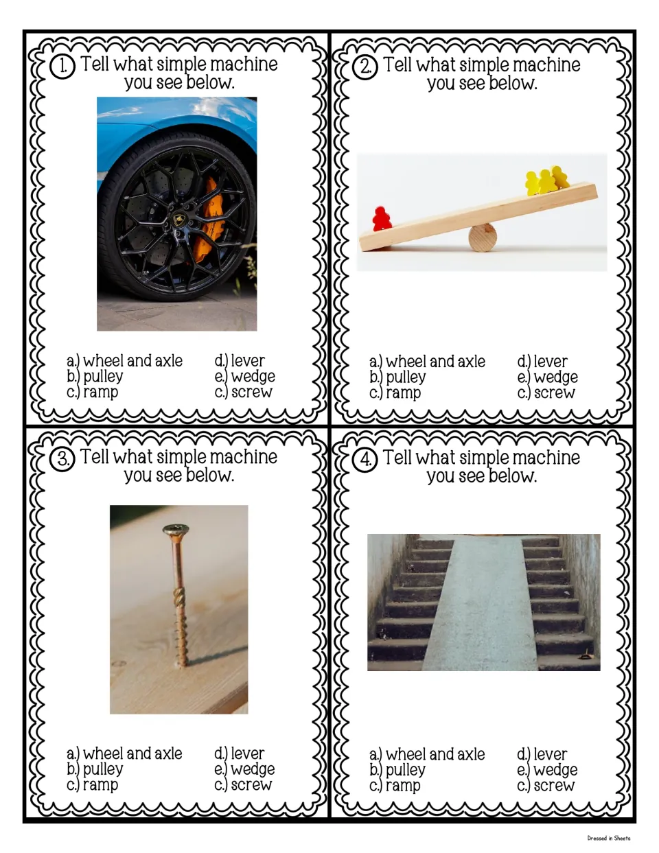 Task cards 1-4: students identify the machine in photos of a car wheel, a seesaw, a screw in wood and a ramp over stairs