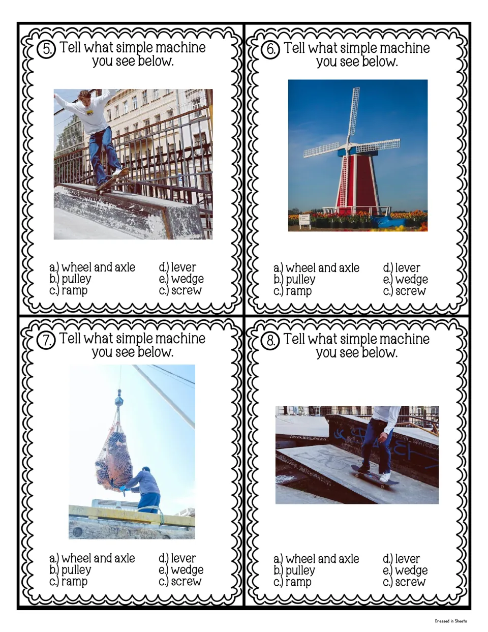 Cards 5-8: pick the matching machine for a skateboarder on a rail, a windmill, a crane lifting a net and a skate ramp