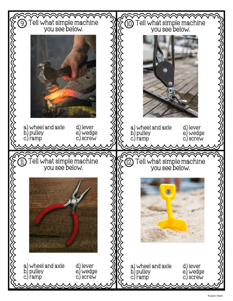 Cards 9-12: classifying everyday tools as simple machines from photos of a hammer, a boat pulley, pliers and a toy shovel