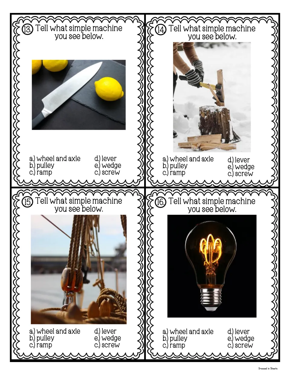 Cards 13-16: multiple-choice machine identification using a knife, an axe splitting wood, a rope pulley and a light bulb