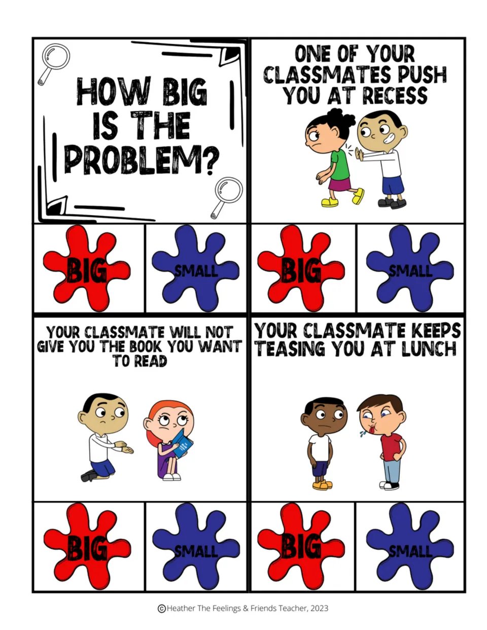 How Big Is the Problem? title card plus a push at recess, a withheld book and lunch teasing to clip as big or small