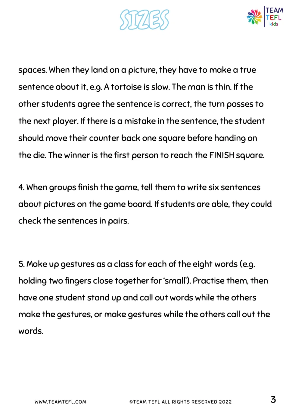 Board game rules: students land on a picture and say a true sentence like 'A tortoise is slow'; wrong ones move back