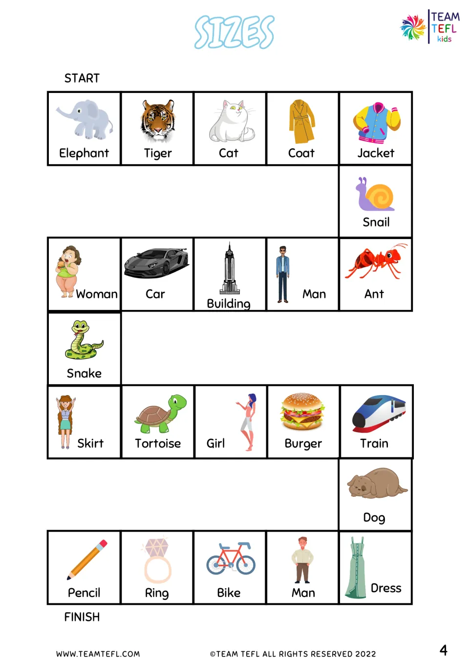 Picture game board, START to FINISH: elephant, tiger, snail, ant, train, tortoise and more to describe with adjectives