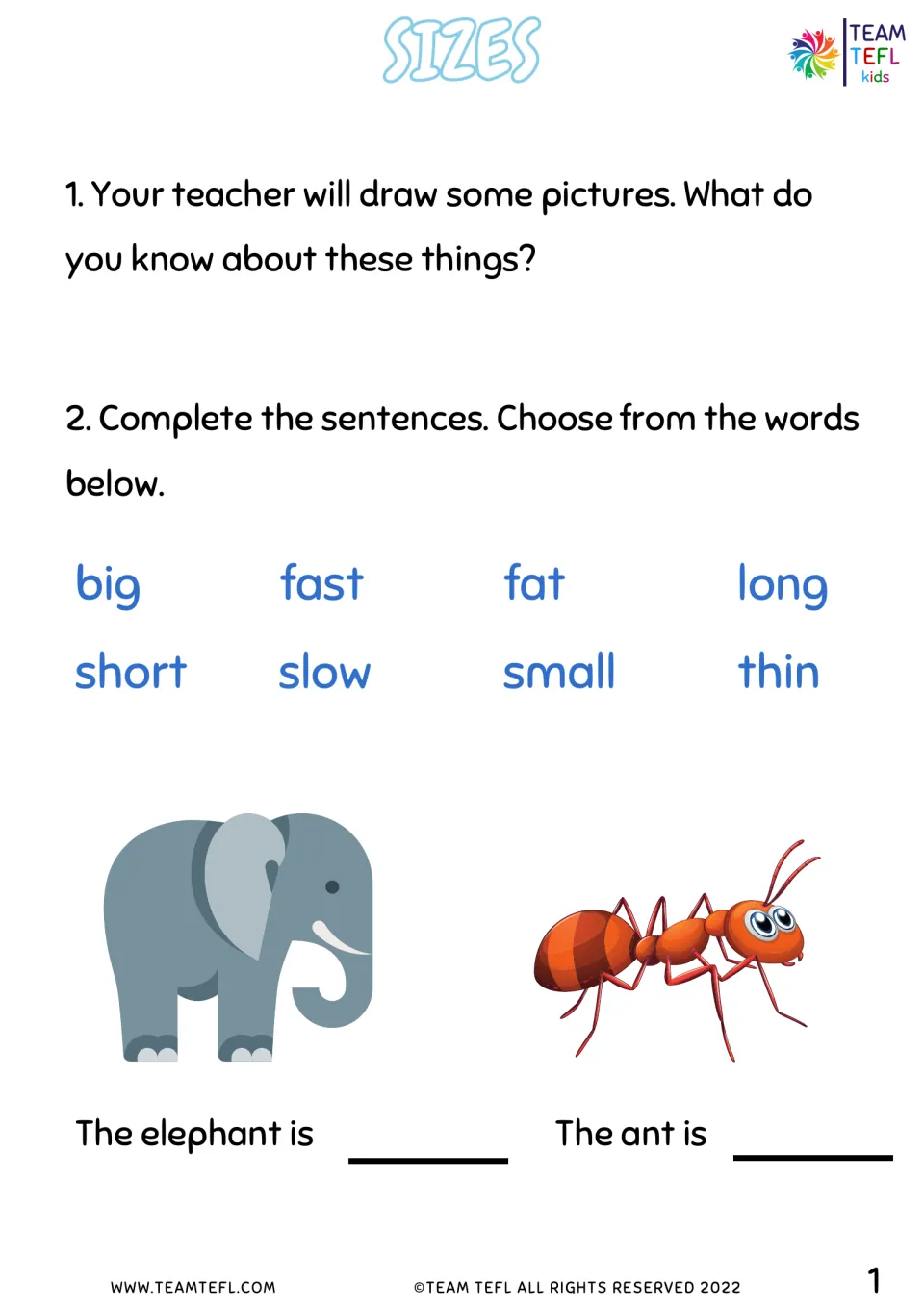 Size adjectives fill-in: students pick big, small, fast, slow and more to finish 'The elephant is' and 'The ant is'