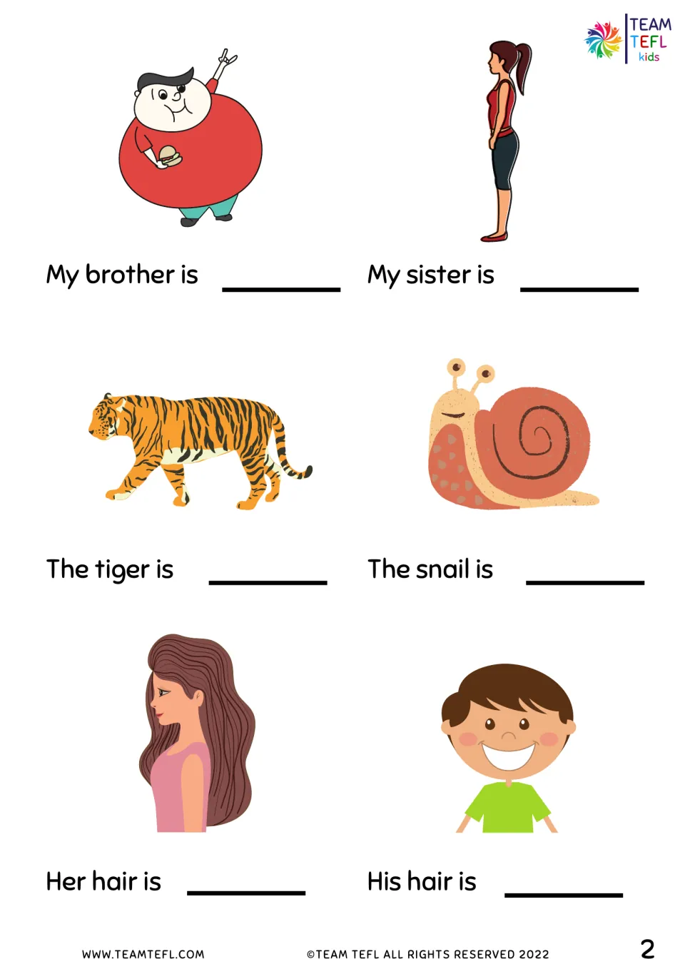 Describing people and animals: students finish sentences about a brother, sister, tiger, snail and two hairstyles