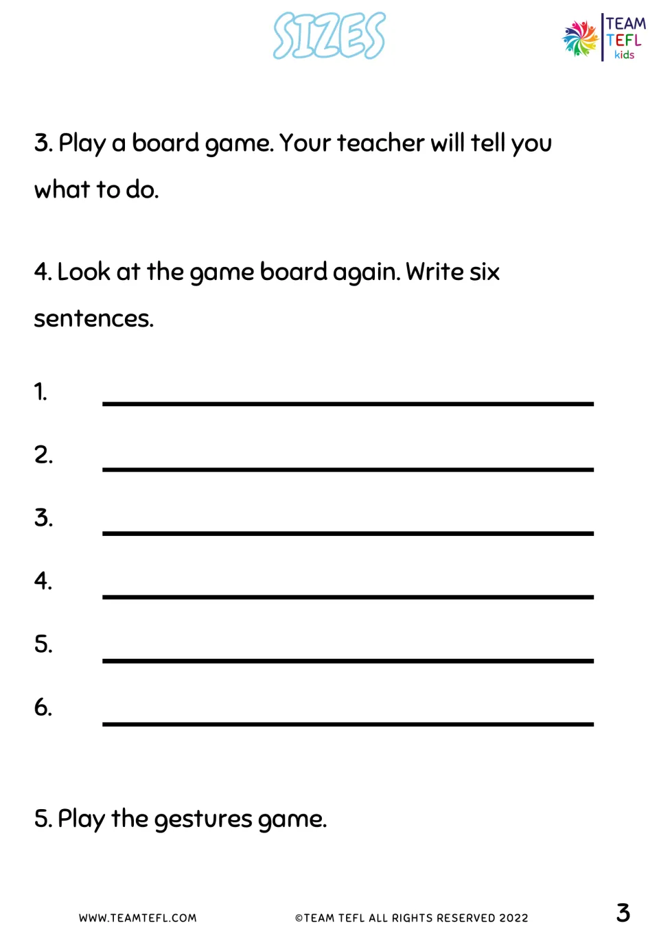 Board game follow-up: students write six sentences about game board pictures, then play the gestures game