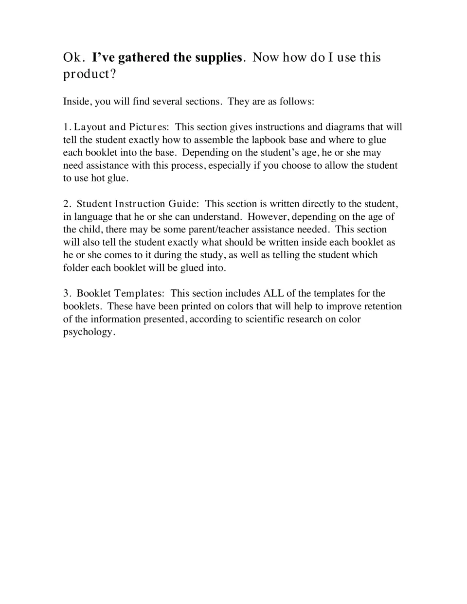 How to use the product: overview of three sections, layout and pictures, student instruction guide and booklet templates