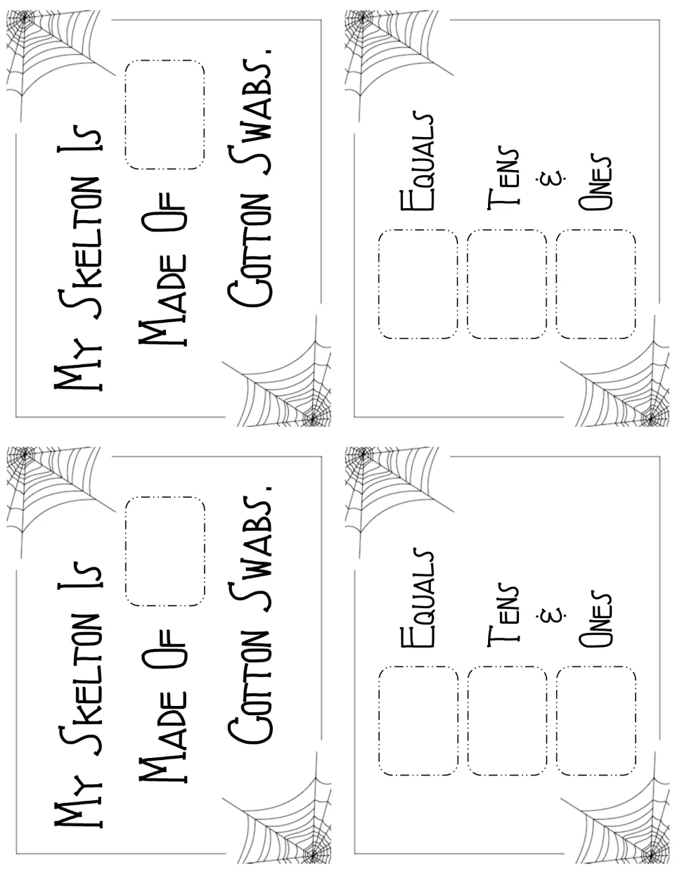 Halloween place value labels: students write how many cotton swabs make their skeleton, then split it into tens and ones
