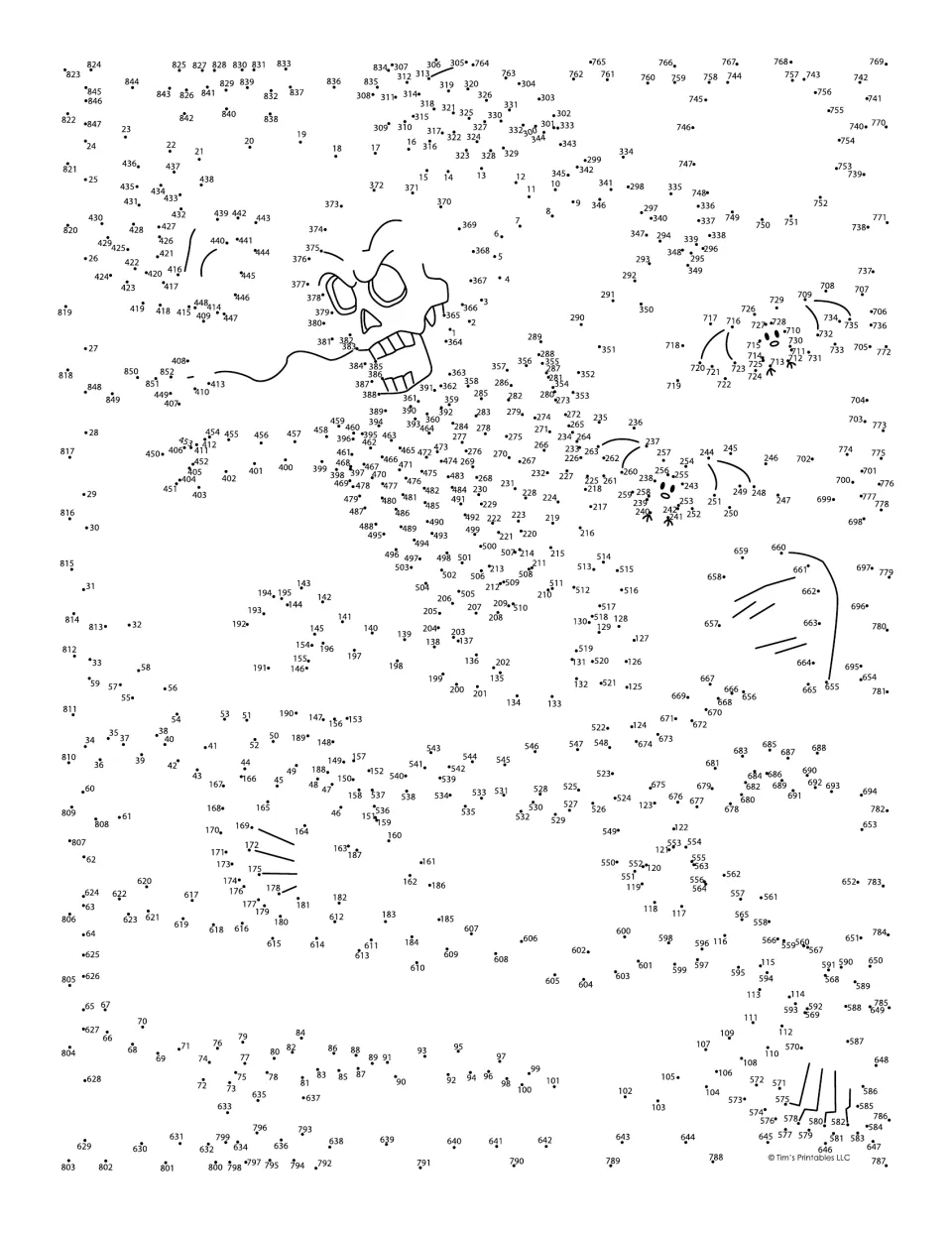 Halloween dot-to-dot with over 850 numbered dots: students connect them in order to reveal a skeleton scene