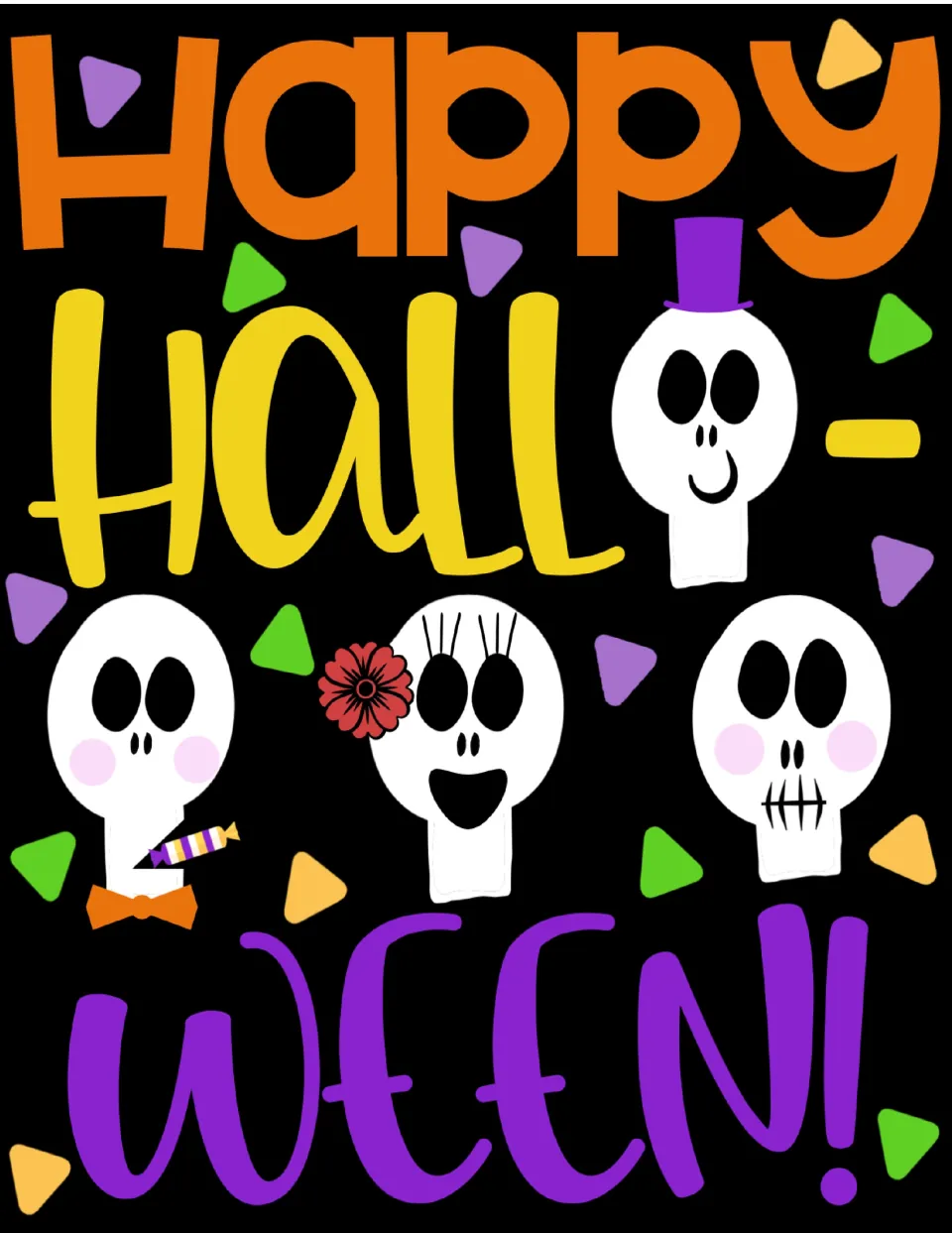 Complete Happy Halloween poster for the classroom decor kit, with orange, yellow, and purple lettering