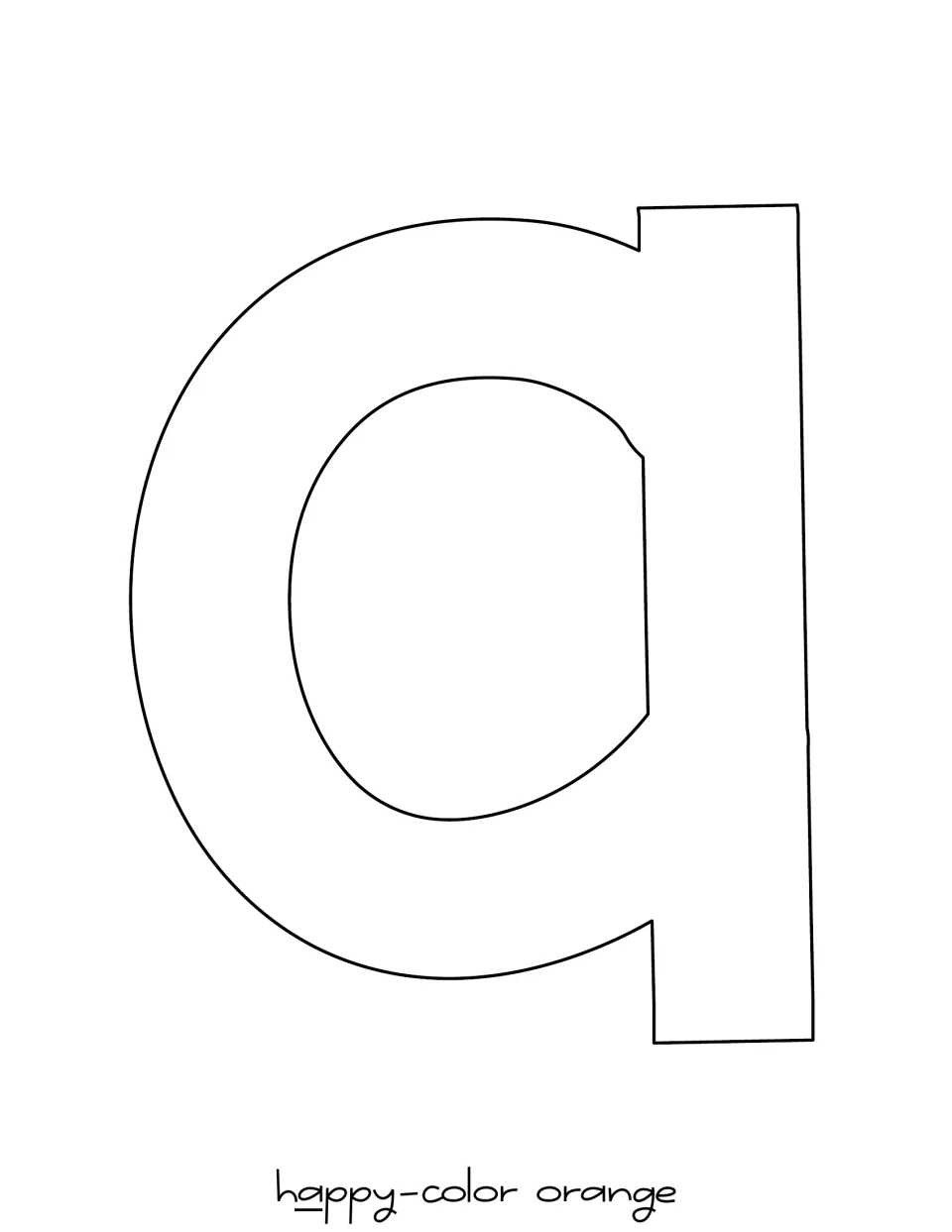 Outline lowercase a for Happy in the Halloween display, printed alone with a label specifying orange