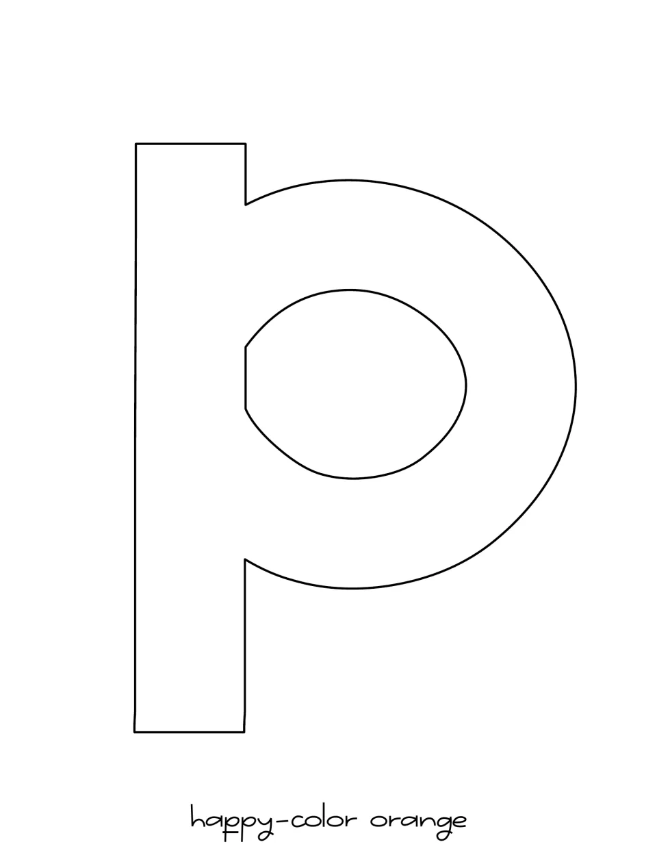 Outline lowercase p for Happy in the Halloween display, printed alone with a label specifying orange