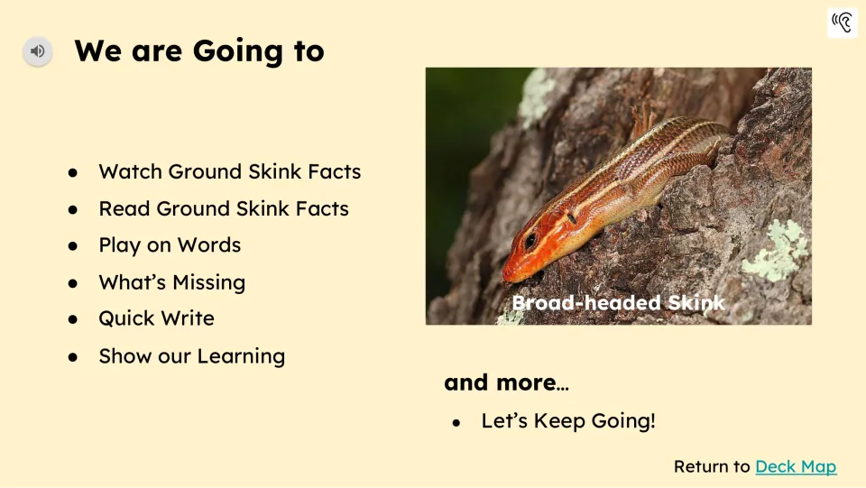 Activity agenda lists watching, reading, Play on Words, What's Missing, Quick Write, and Show our Learning.