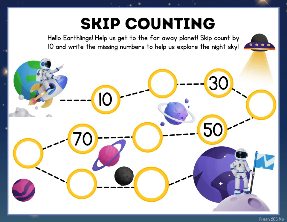 Space skip counting by 10s to 100: students fill in missing numbers along an astronaut path, with 10, 30, 50 and 70 given