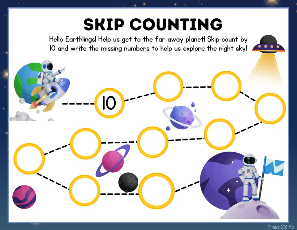 Counting by tens to 100 in space: only 10 is given, and students write all nine missing numbers along the path