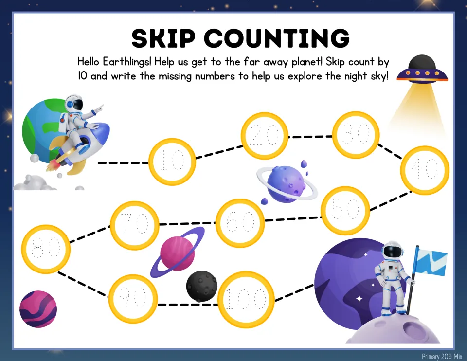 Skip counting by 10s tracing page: students trace dotted numbers 10 through 100 along the space path