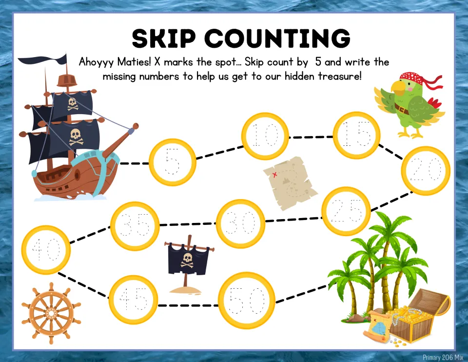 Skip counting by 5 pirate map: students trace dotted numbers 5 to 50 along a path from a ship to a treasure chest