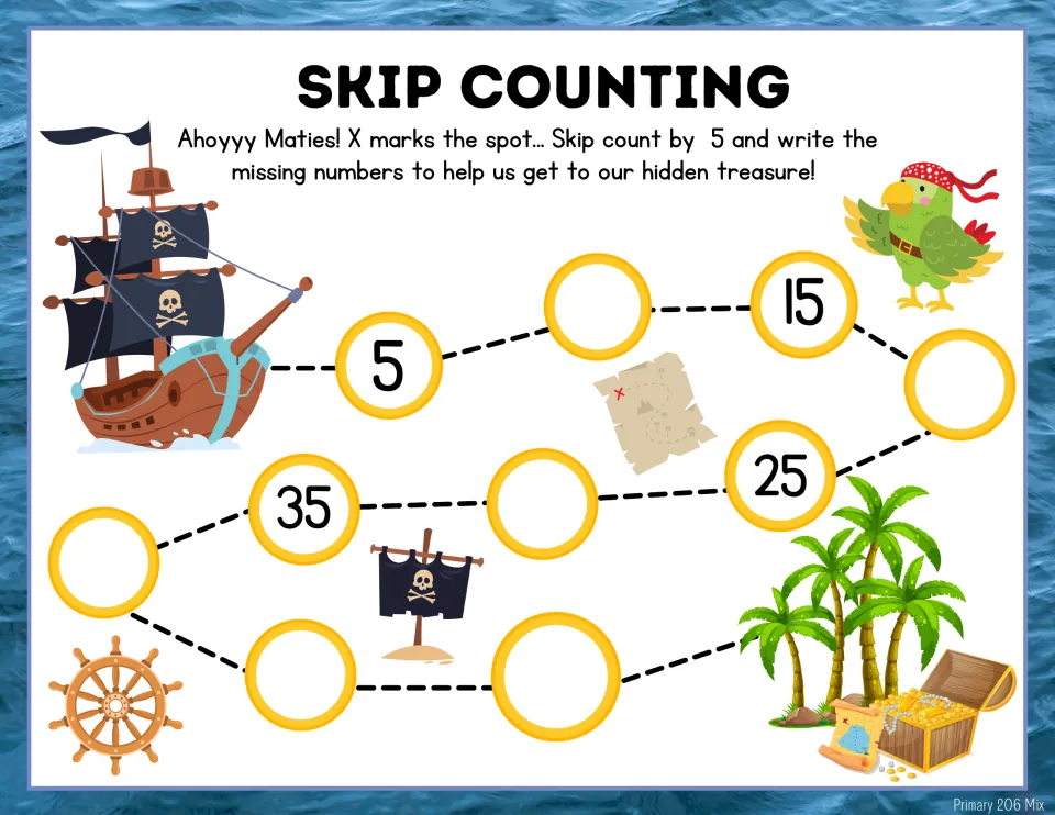 Skip counting by 5 treasure path: students fill in missing numbers between given 5, 15, 25 and 35 on the way to the chest