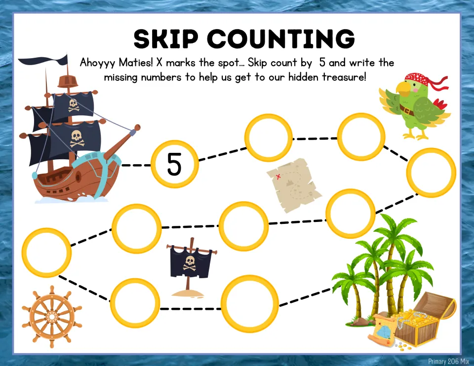 Pirate map counting by fives: starting from 5, students write every number up to 50 along the path to the treasure chest