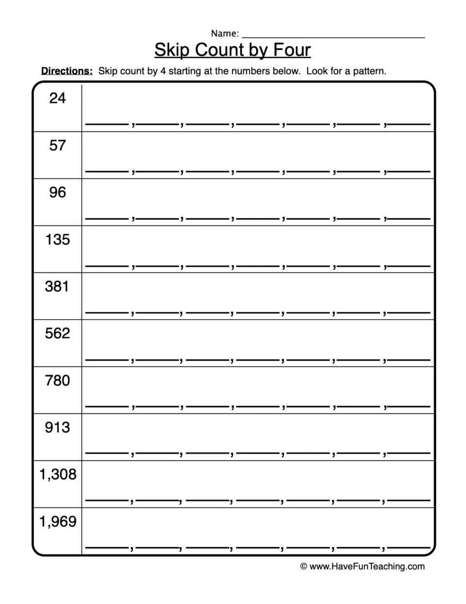 Skip counting by 4: students write the next seven numbers from 10 starting values, 24 to 1,969, and look for a pattern