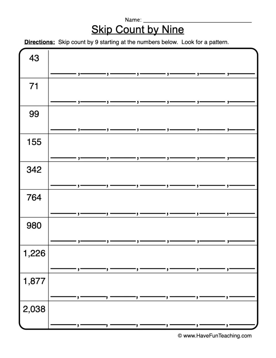 Skip counting by 9: students write the next 7 numbers from 10 start values, 43 up to 2,038, and look for a pattern
