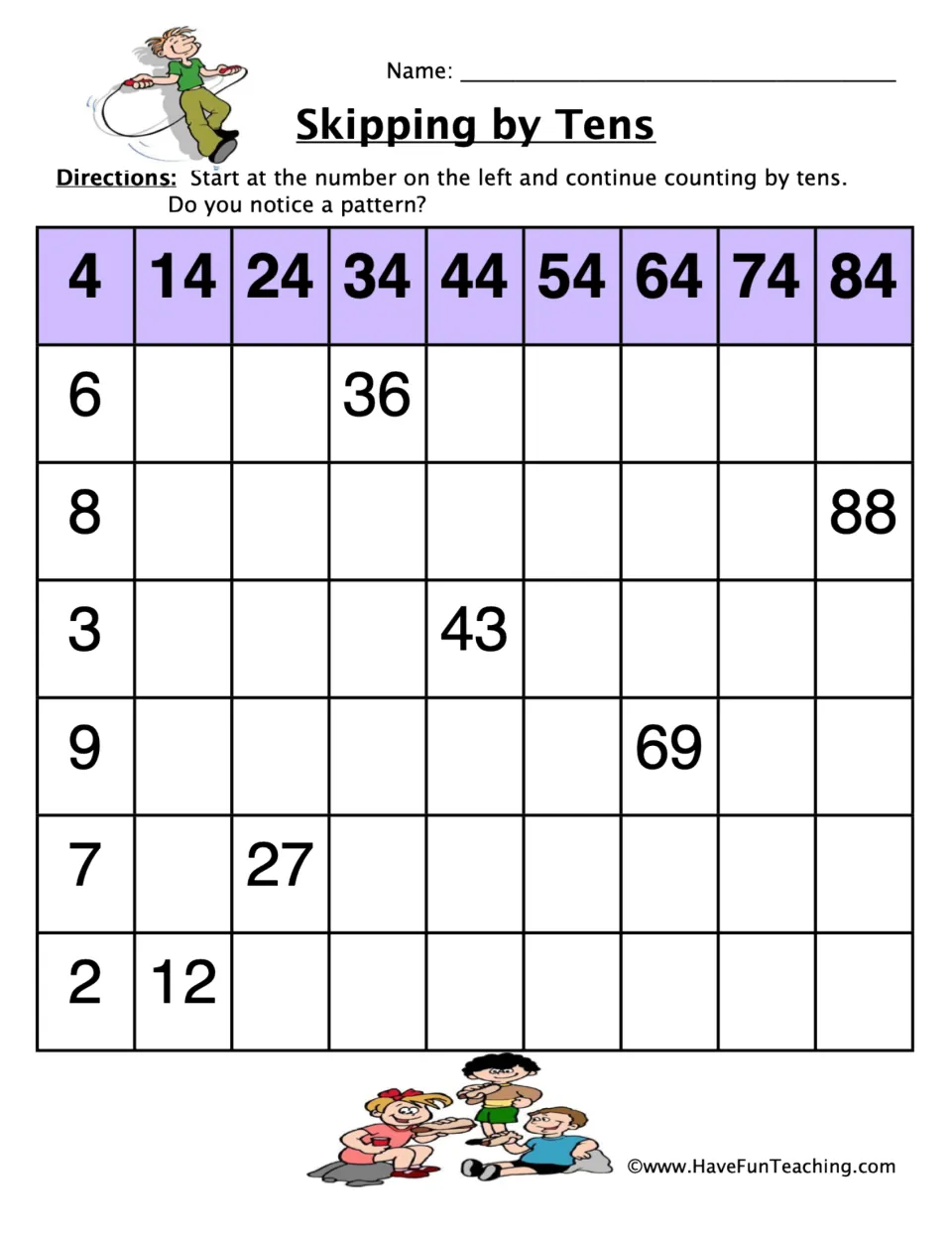 Skip-counting worksheet: completed example from 4 to 84 and six patterns starting at 6, 8, 3, 9, 7, and 2.