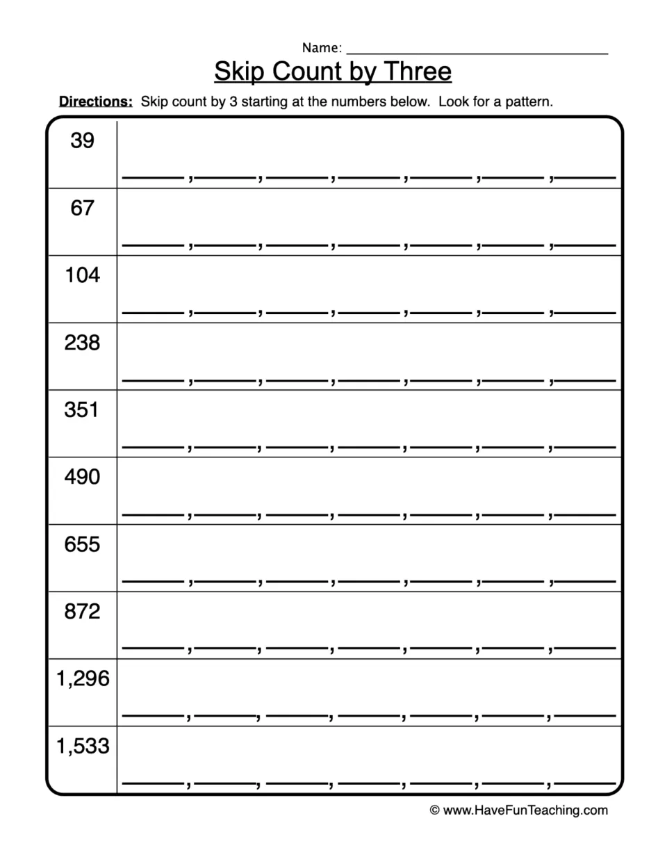 Skip-counting practice: add 3 to continue 10 sequences starting at 39, 67, 104, 238 and six more numbers.