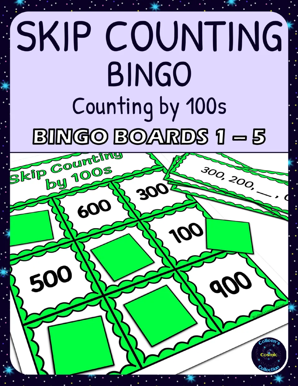 Cover of Skip Counting by 100s Bingo, identifying boards 1–5 and showing a board covered with playing squares