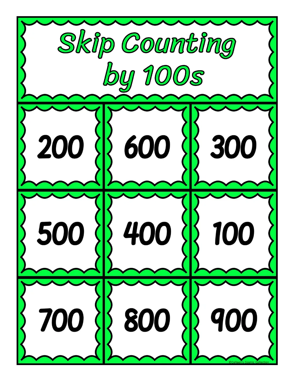 Bingo board 1 for counting by 100s, featuring the numbers 200, 600, 300, 500, 400, 100, 700, 800, and 900