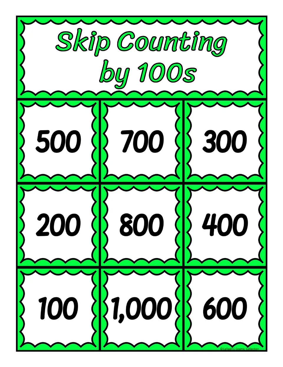 Bingo board 2 for counting by 100s, featuring the numbers 500, 700, 300, 200, 800, 400, 100, 1,000, and 600