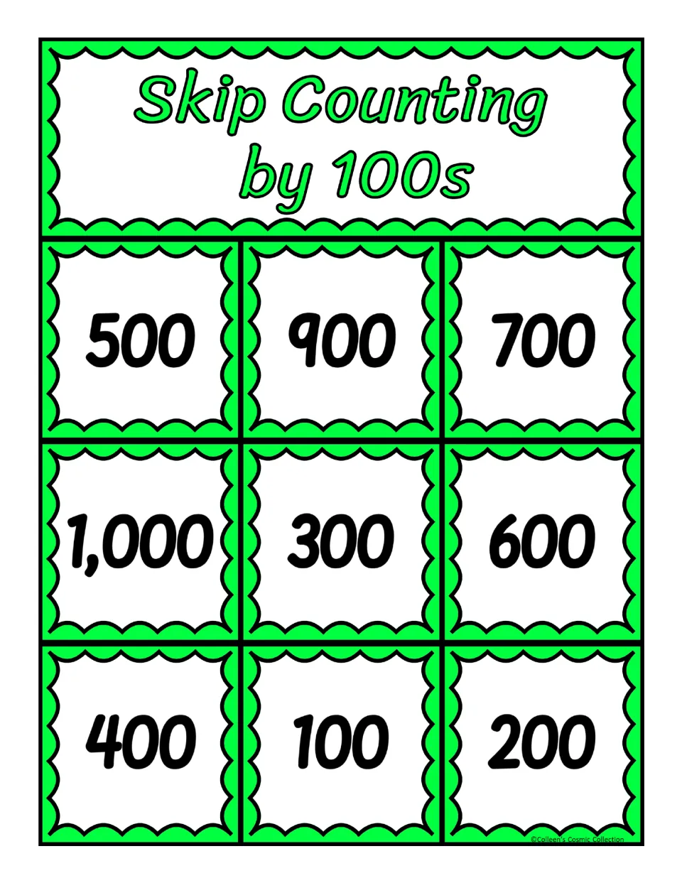 Bingo board 3 for counting by 100s, featuring the numbers 500, 900, 700, 1,000, 300, 600, 400, 100, and 200
