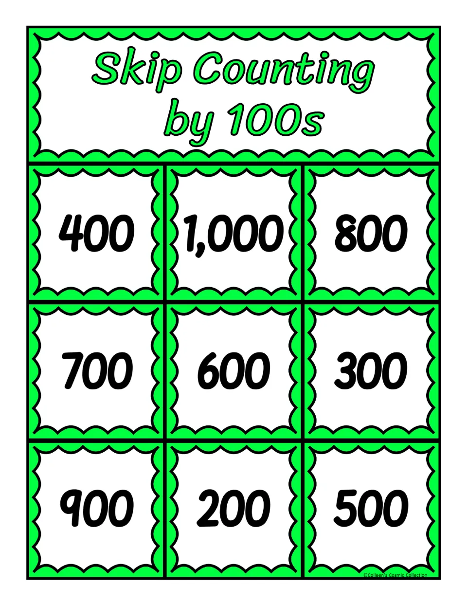 Bingo board 4 for counting by 100s, featuring the numbers 400, 1,000, 800, 700, 600, 300, 900, 200, and 500