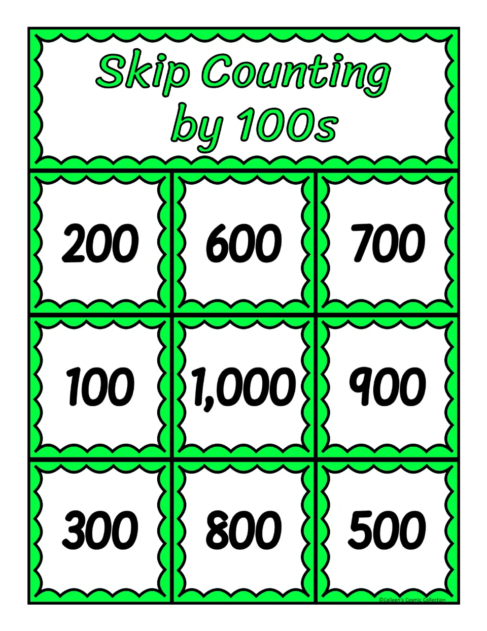 Bingo board 5 for counting by 100s, featuring the numbers 200, 600, 700, 100, 1,000, 900, 300, 800, and 500