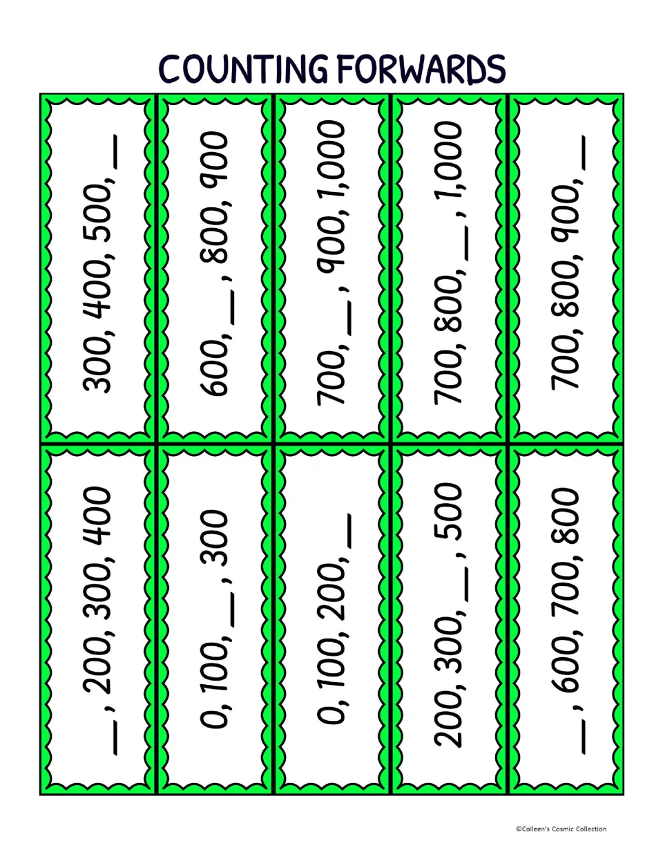 Ten forward-counting bingo calling cards with missing numbers in sequences by 100s, such as 0, 100, 200, blank