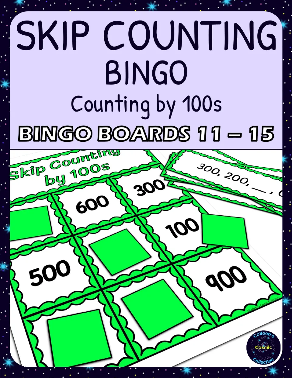 Skip Counting by 100s Bingo cover identifies boards 11–15 and shows a board, markers, and calling cards