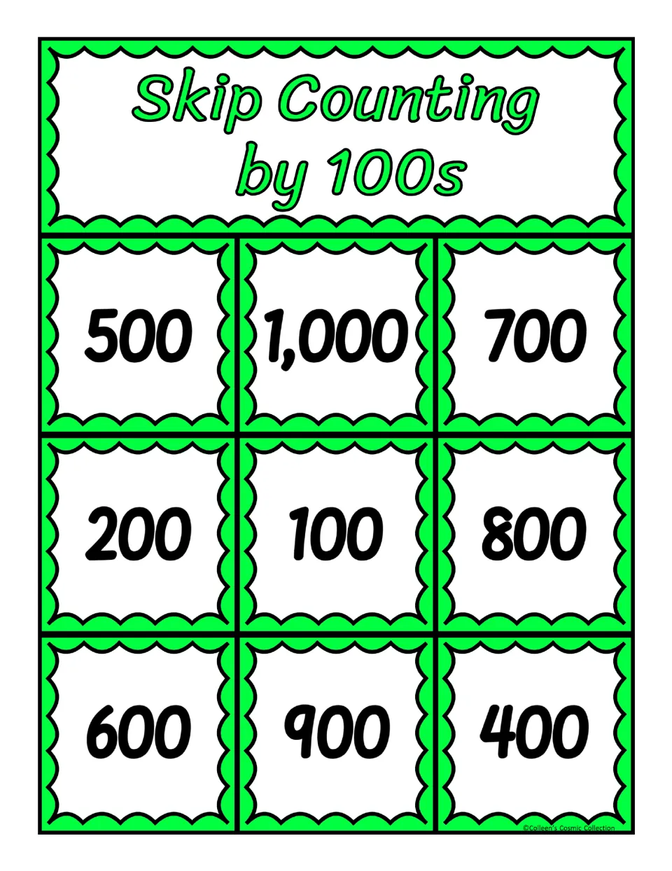 First bingo board for counting by 100s contains 500, 1,000, 700, 200, 100, 800, 600, 900, and 400
