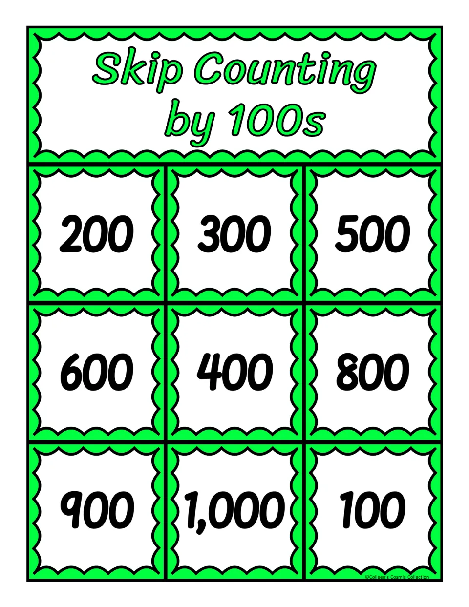 Second bingo board for counting by 100s contains 200, 300, 500, 600, 400, 800, 900, 1,000, and 100