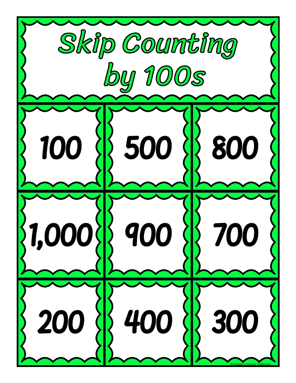 Third bingo board for counting by 100s contains 100, 500, 800, 1,000, 900, 700, 200, 400, and 300