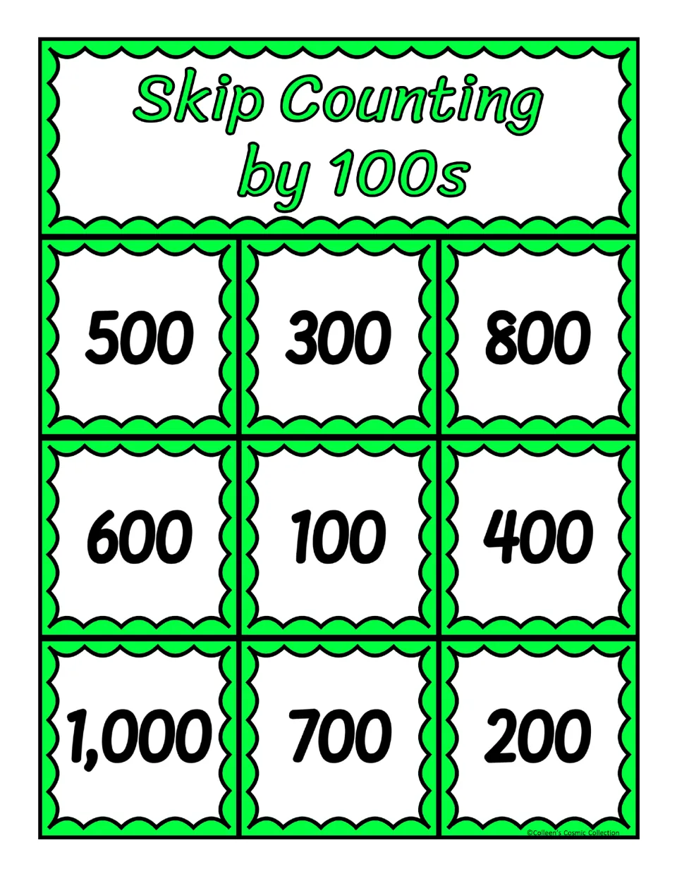 Fourth bingo board for counting by 100s contains 500, 300, 800, 600, 100, 400, 1,000, 700, and 200