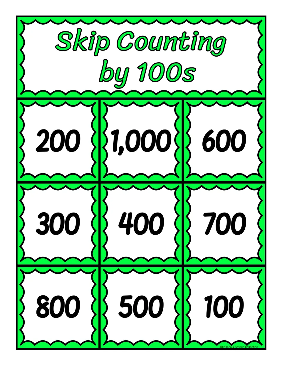 Fifth bingo board for counting by 100s contains 200, 1,000, 600, 300, 400, 700, 800, 500, and 100
