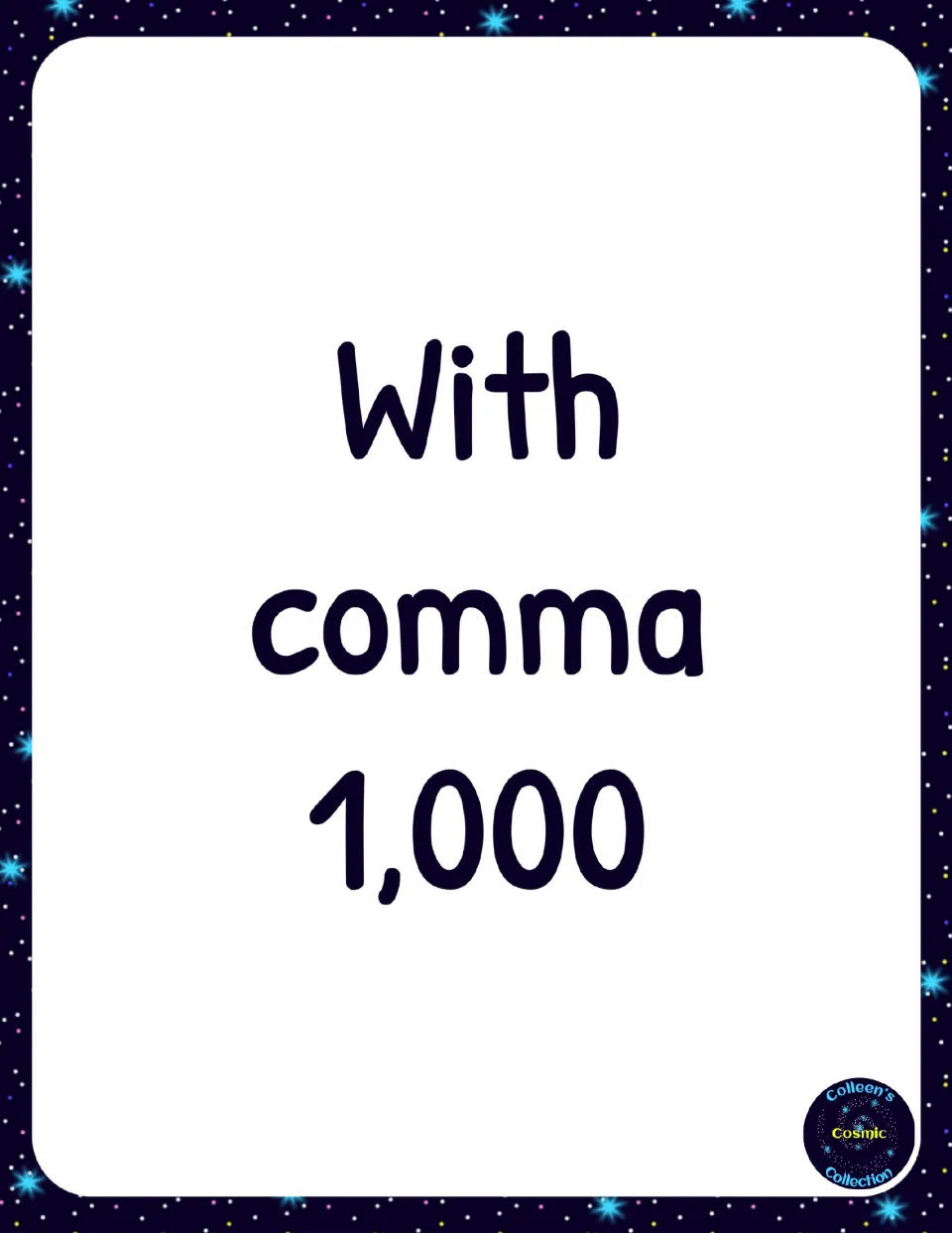 Section divider labeled “With comma 1,000” introduces bingo materials that use a comma in the number 1,000