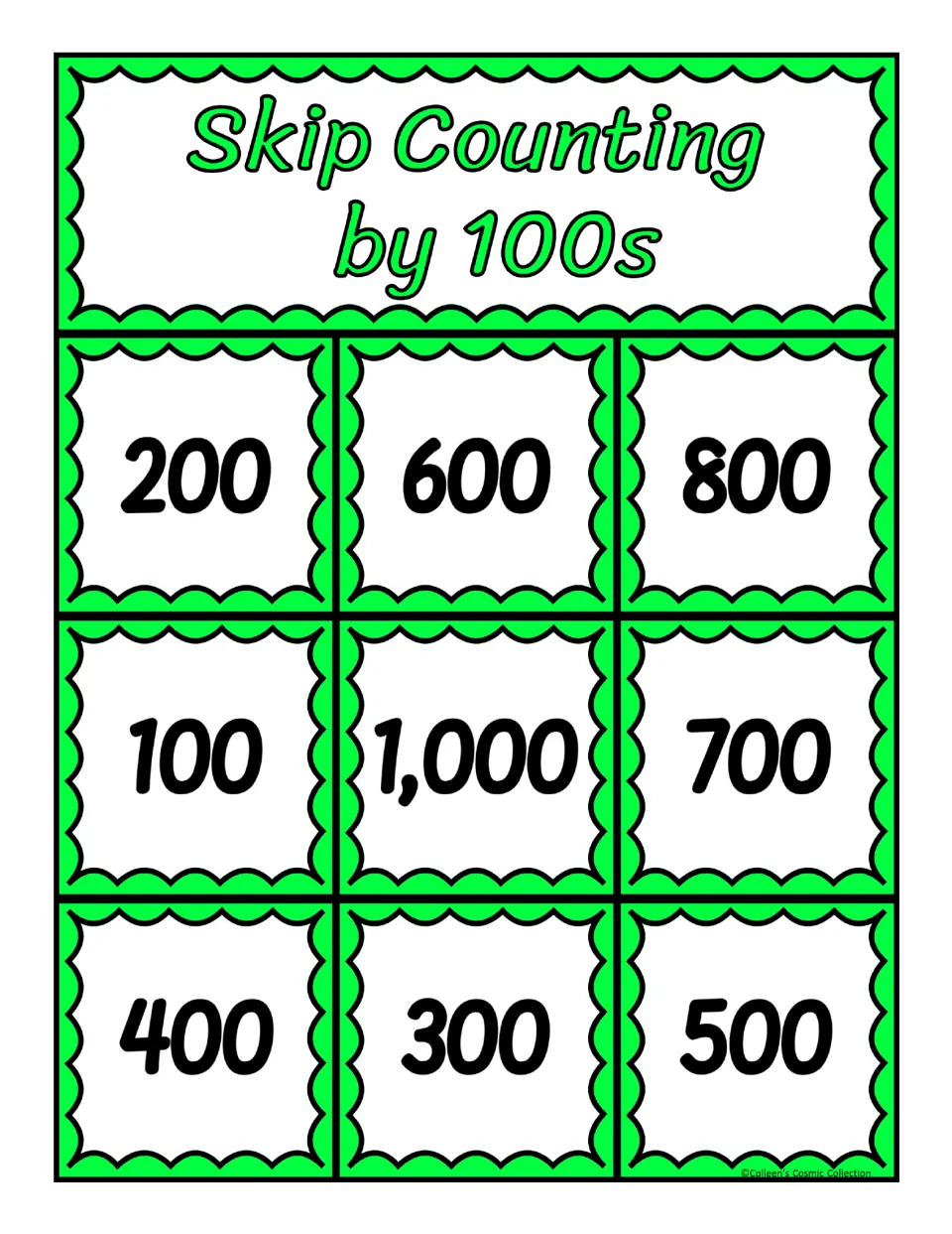Fifth bingo board for counting by 100s contains 200, 600, 800, 100, 1,000, 700, 400, 300, and 500