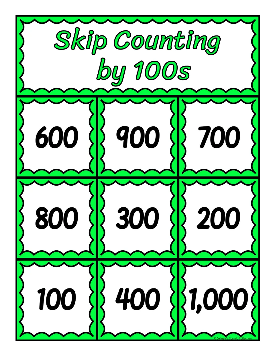 First counting-by-100s bingo board: 600, 900, 700, 800, 300, 200, 100, 400, and 1,000 for matching calling cards