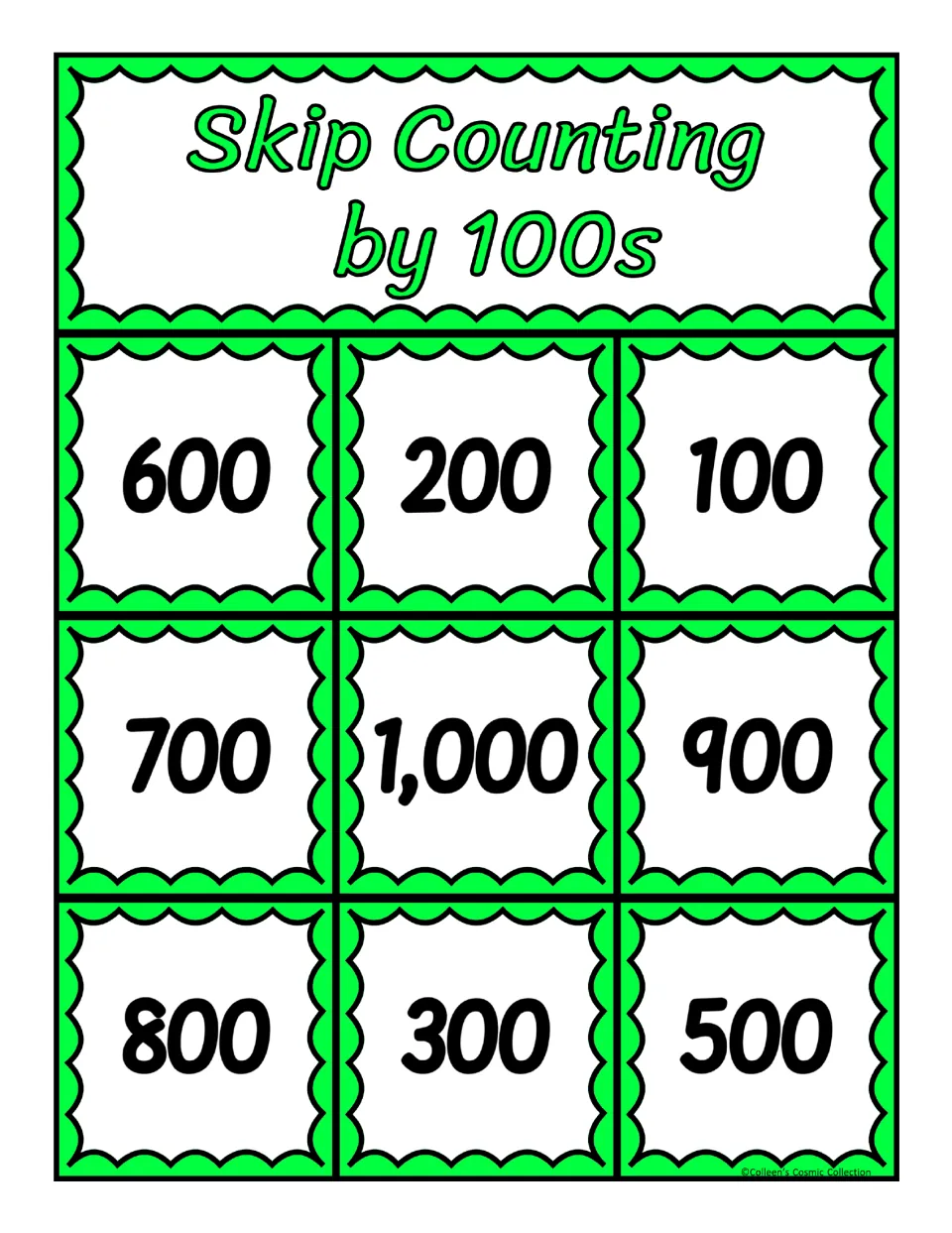 Second counting-by-100s bingo board: 600, 200, 100, 700, 1,000, 900, 800, 300, and 500 for matching calling cards