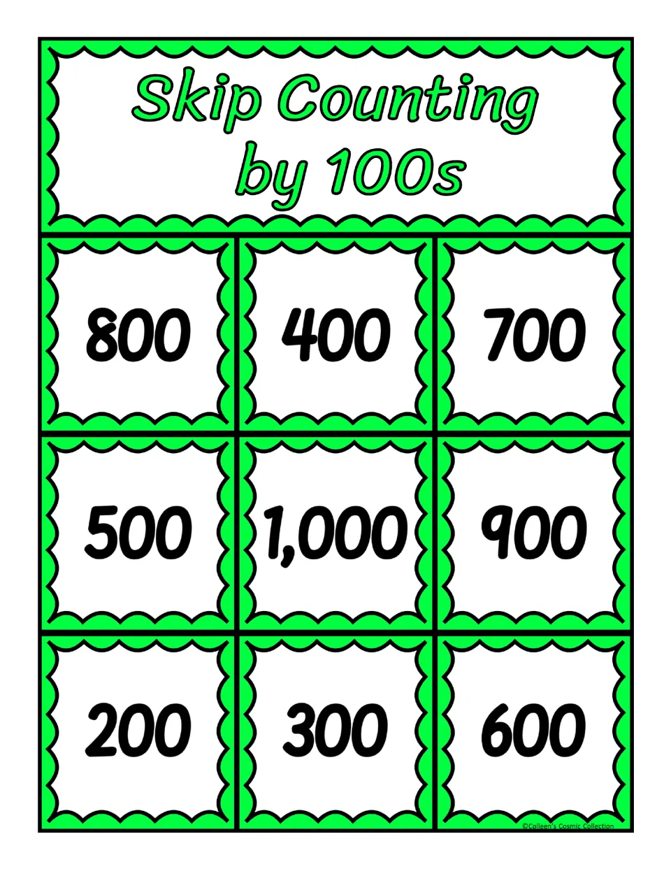 Third counting-by-100s bingo board: 800, 400, 700, 500, 1,000, 900, 200, 300, and 600 for matching calling cards